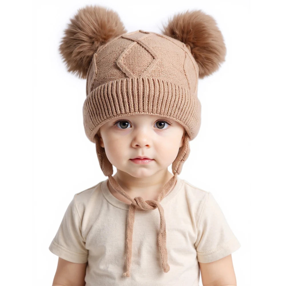 New Autumn Winter Double Ball Knitted Baby Hat for Girls Boys Baby Straps Bonnet with Earmuffs Outdoor Kids Ear Protection Hat
