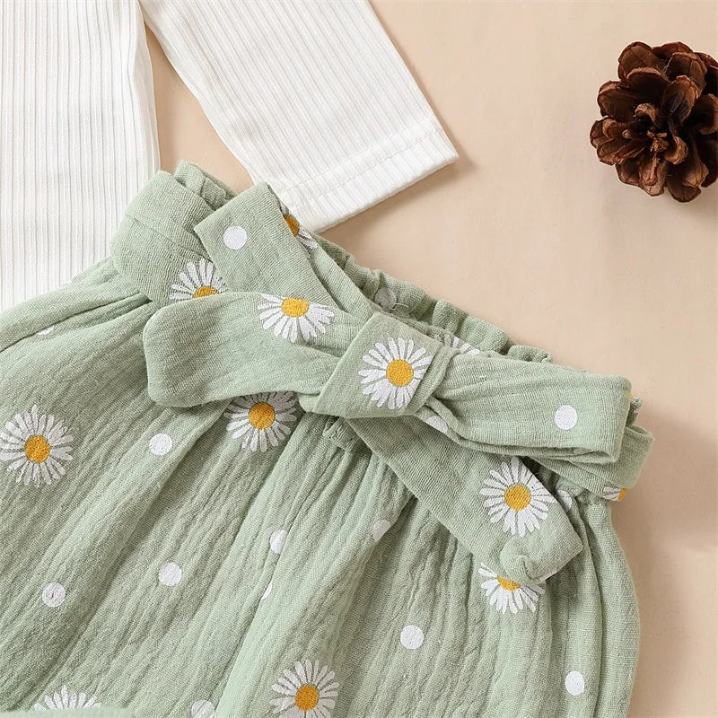 Spring Infant Baby Girls Pants Sets White Long Sleeve Ruffle Romper Daisy Print Belted Pants Headband Autumn Sets