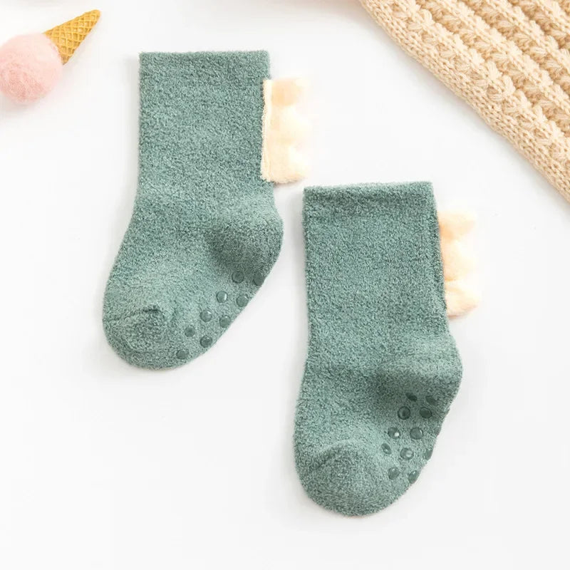 2Pairs Lovely Cute Cartoon Dinosaur Kids Baby Socks Girl Boy Non-slip Floor Socks Animal Infant Soft Cotton Thick Warm Leg Socks