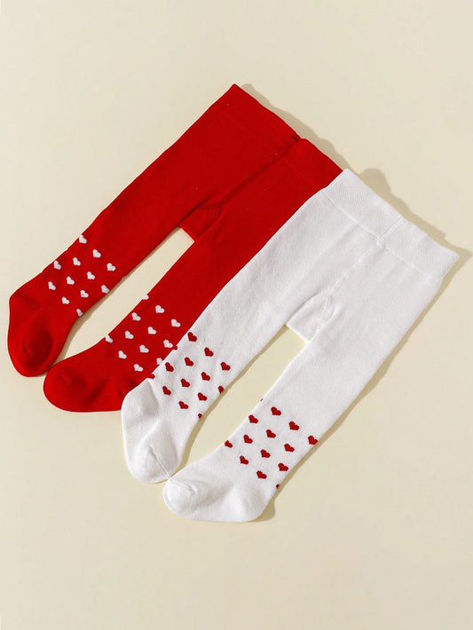 1 Pair of Baby Girls Cotton Red and White with Heart Shaped Leggings, Fashion Cute Soft Elastic Stockings for 0-12 Months Toddler