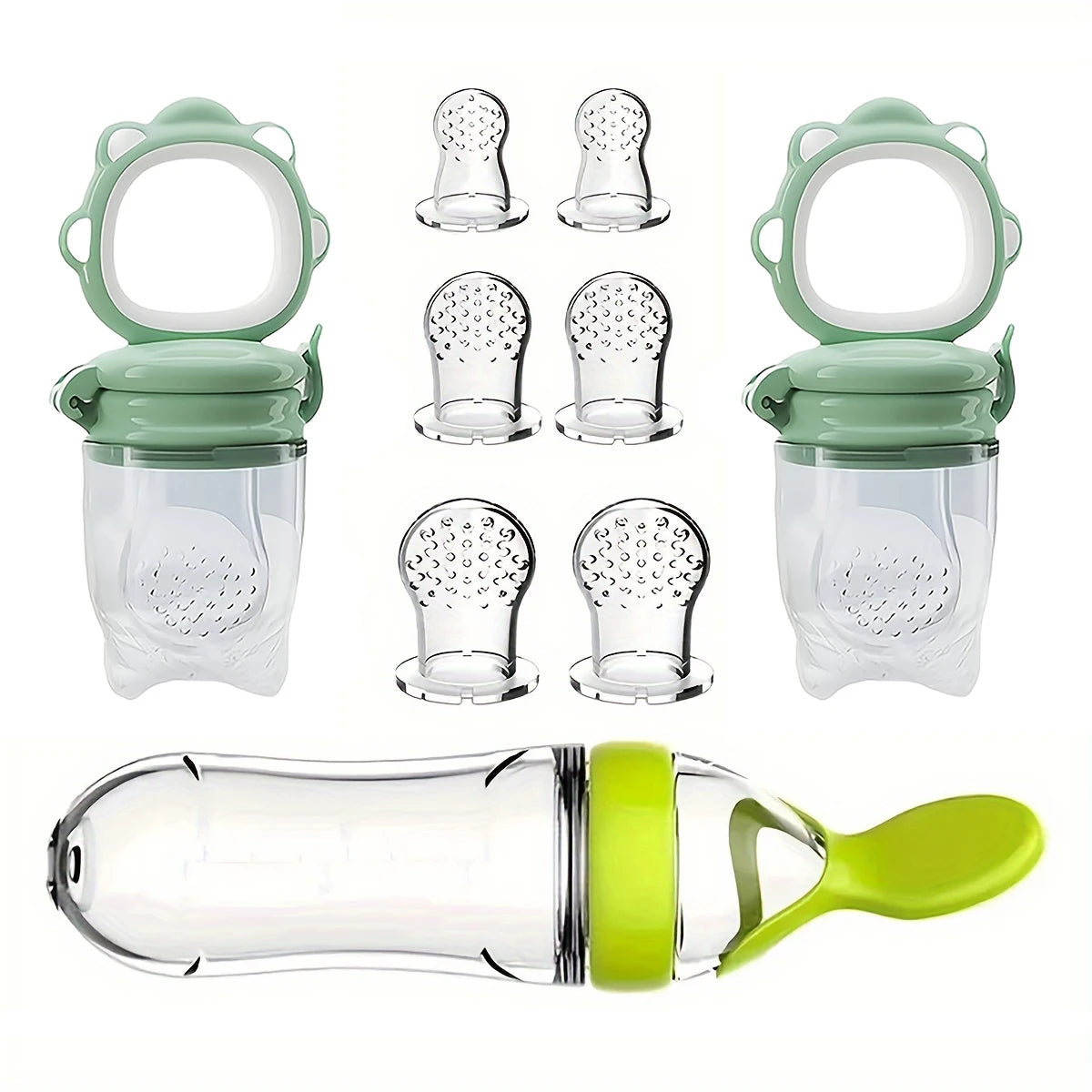 9pcs Feeding Cutlery: 1 Silicone Feeding Bottle with Spoon and Suction Cup for Rice Cereal, 2 Fruit and Feeders, 6 Nipples(SML)