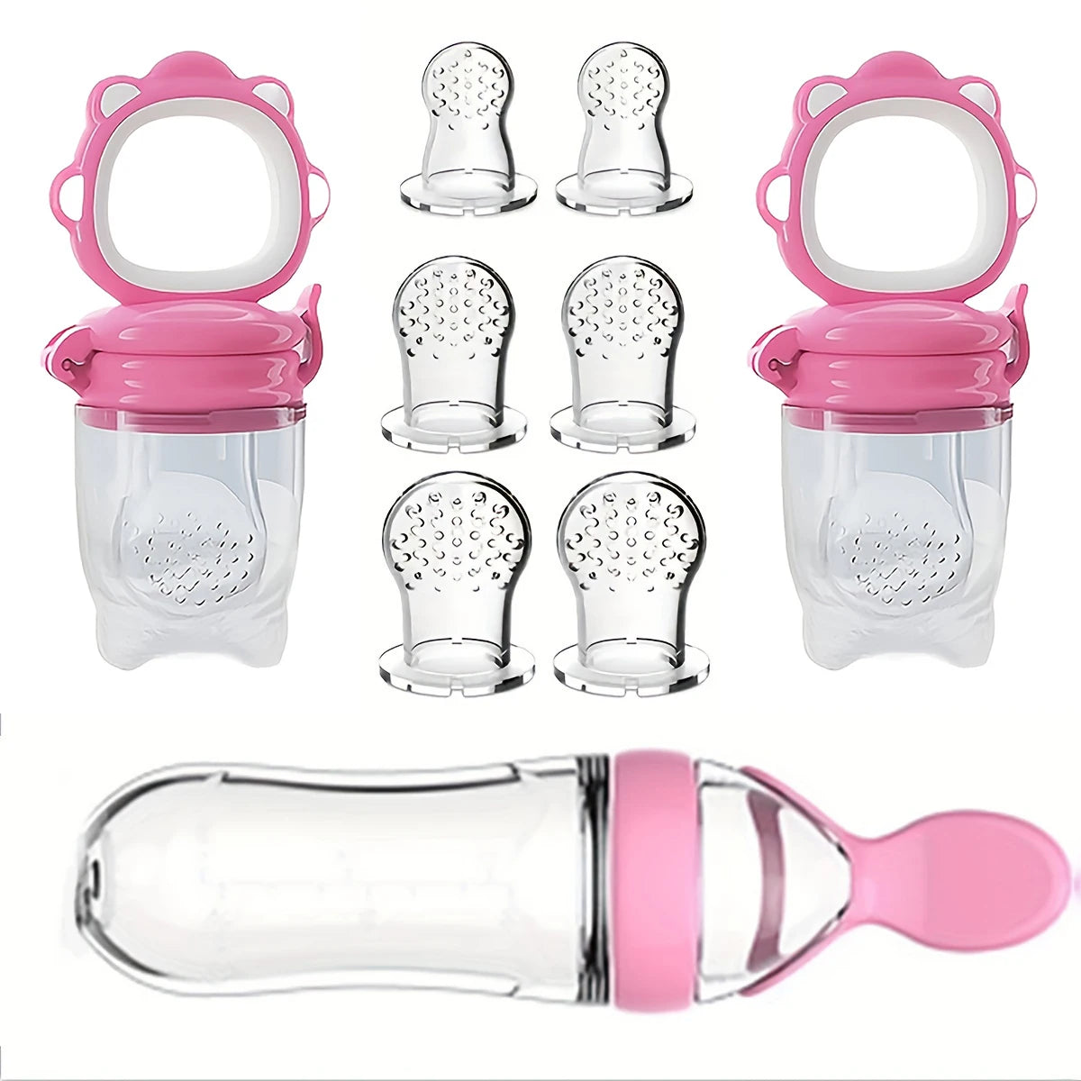 9pcs Feeding Cutlery: 1 Silicone Feeding Bottle with Spoon and Suction Cup for Rice Cereal, 2 Fruit and Feeders, 6 Nipples(SML)