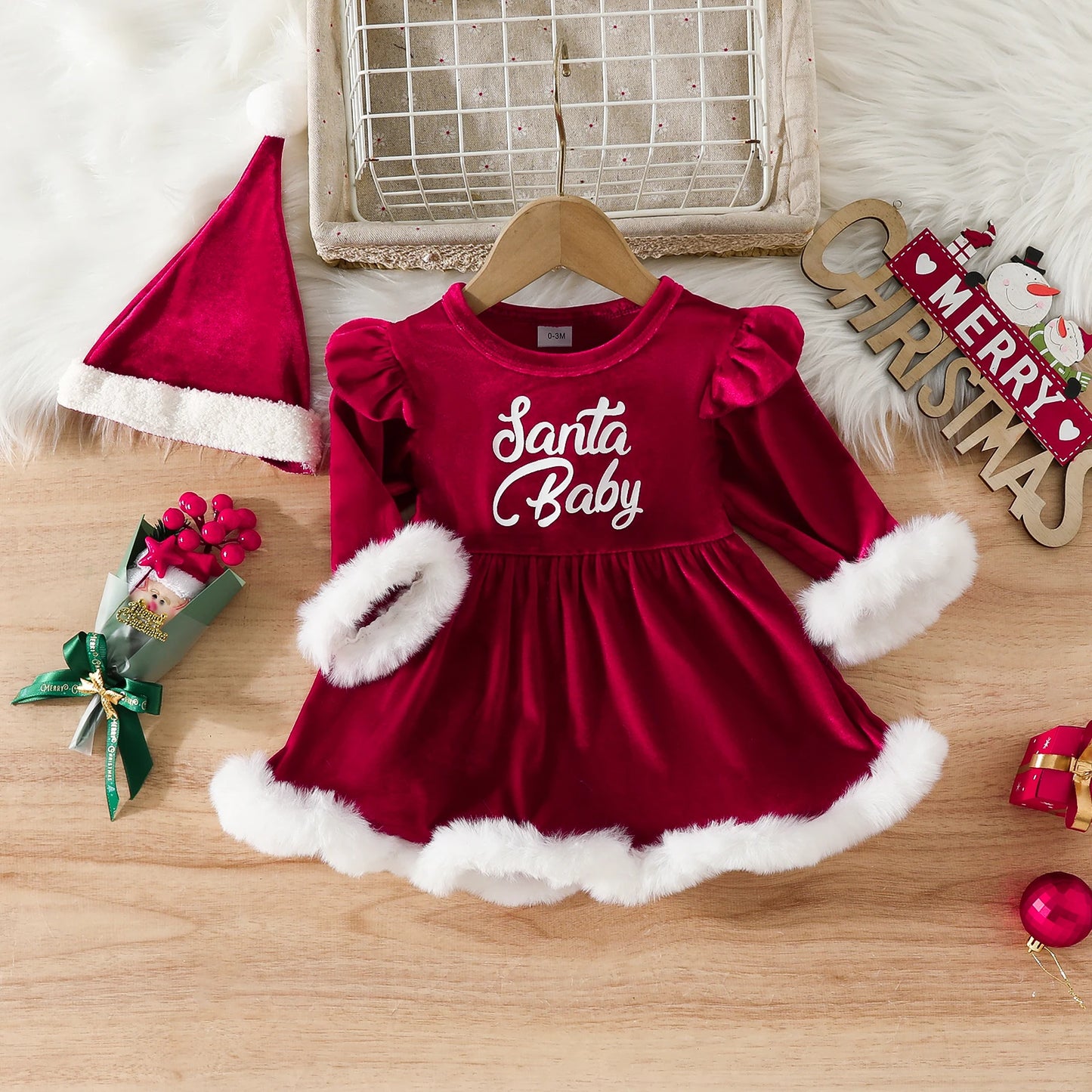 Ma&Baby 0-24M Christmas Newborn Infant Baby Girls Red Rompers Velvet Ruffle Plush Jumpsuit + hat Party Xmas Costumes Outfits D05
