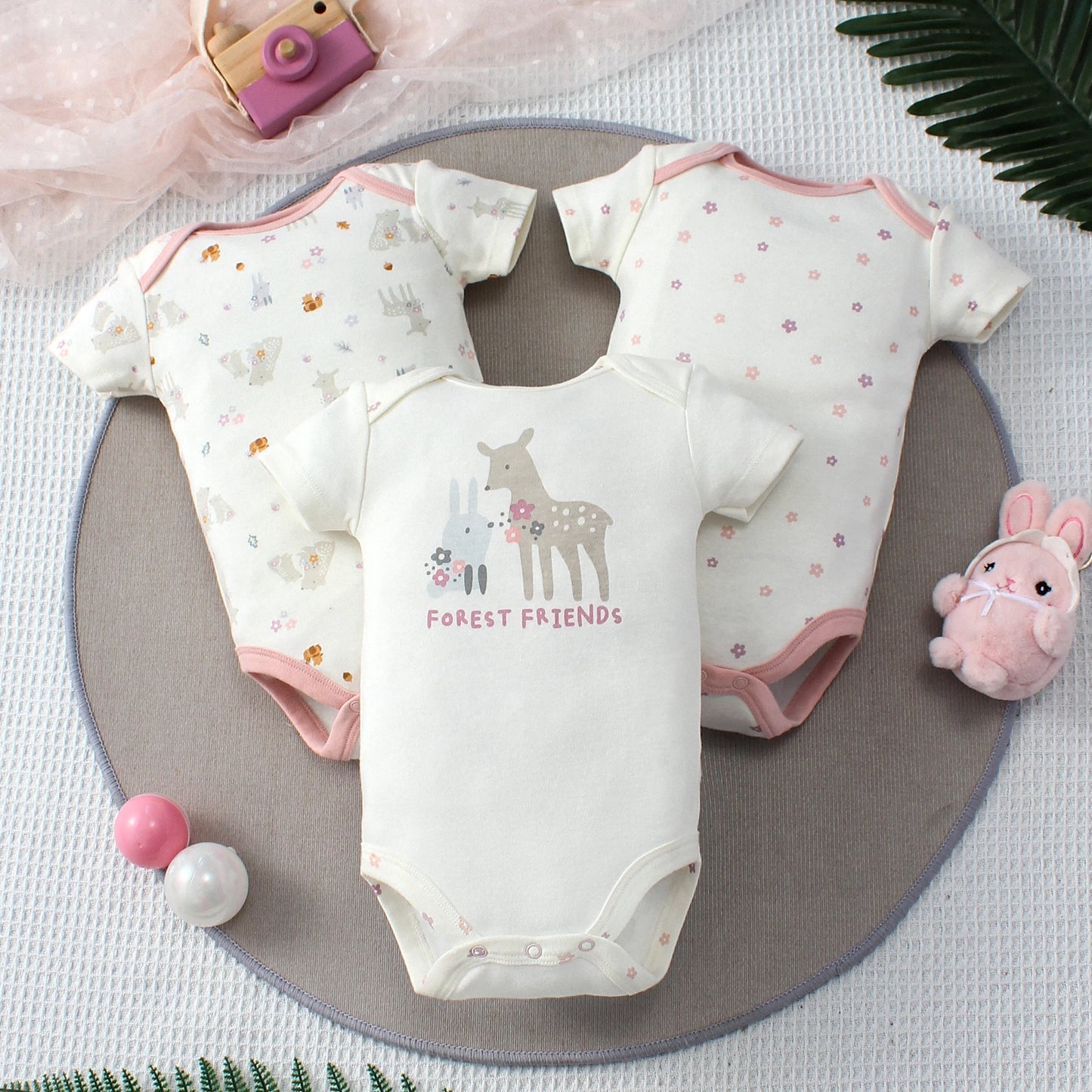  3PCS Summer Baby Girls Three Piece Bodysuit  Animal Kingdom and Elephant Letter Pattern Short Sleeve Bodysuit Mother's Day Gif