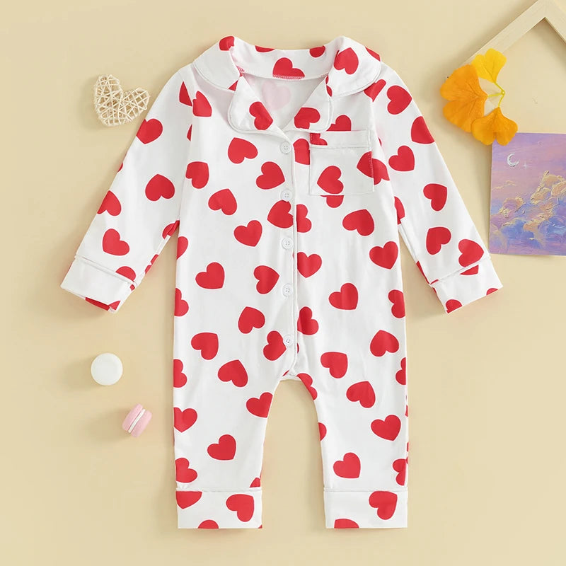 0-24M Baby Pajamas Jumpsuits Heart Print Lapel Button Up Long Sleeve Romper Boys Girls Sleepwear Newborn Infant Clothes Homewear