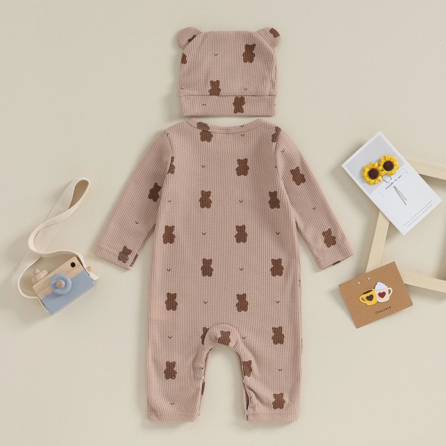 Pudcoco Newborn Baby Girls Boys Rompers Infant Clothes Bear Print Crew Neck Long Sleeve Toddler Fall Jumpsuits with Hat 0-18M