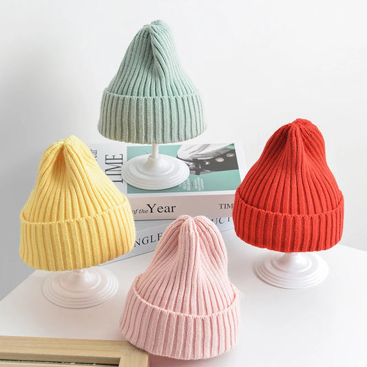 Winter Knitted Baby Hat Solid Color Woolen Beanie Cap for Infant Korean Solid Color Warm Kids Girls Boys Crochet Hats