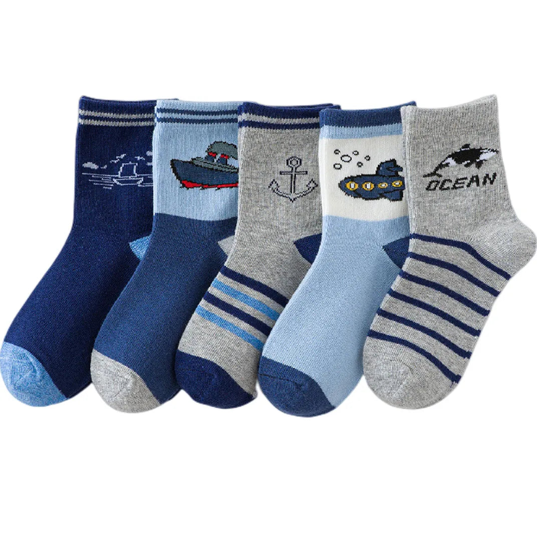 5Pairs Children's Socks Spring And Autumn Cotton Car Cartoon Boy's Socks Kids Sports Socks  Boys Girls Quality Breathable Socks