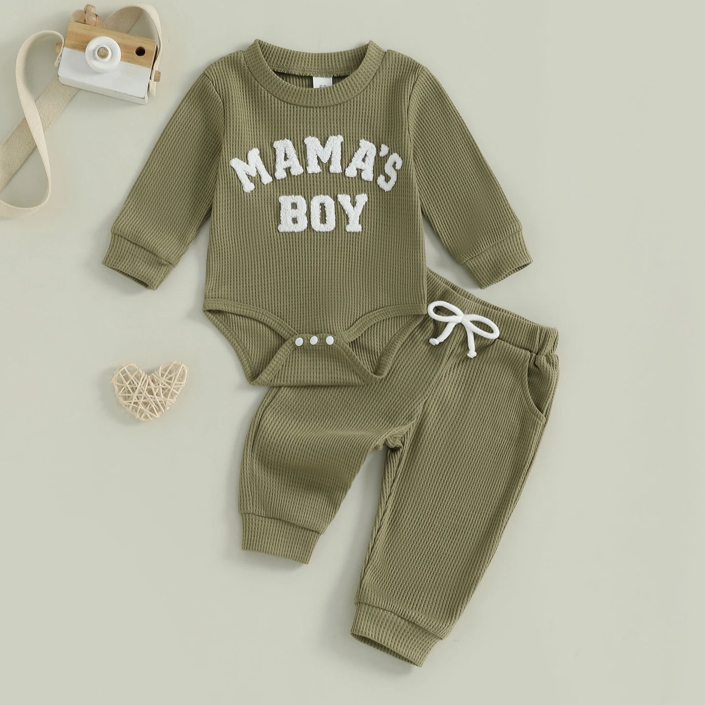 Baby Boy Fall Outfit Letter Embroidered Long Sleeve Romper Solid Elastic Waist Pants 2 Piece Set