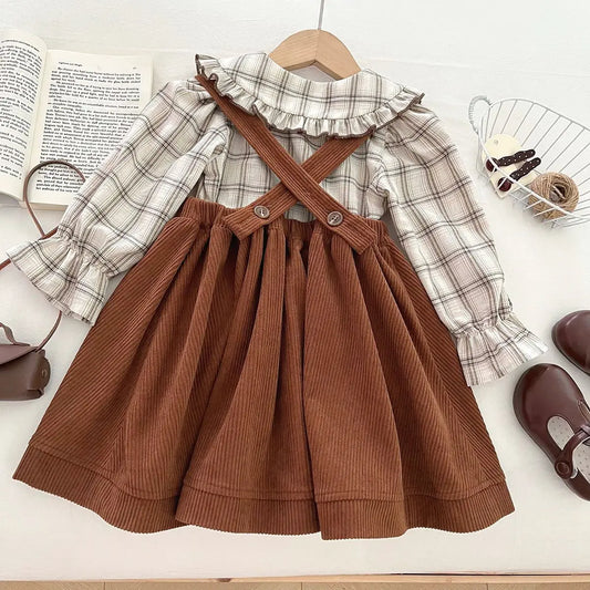 Autumn Children Girls 2PCS Clothes Set Cotton Peter Pan Collar Kid Baby Girl Plaid Shirt Outfit Solid Corduroy Little Girl Dress