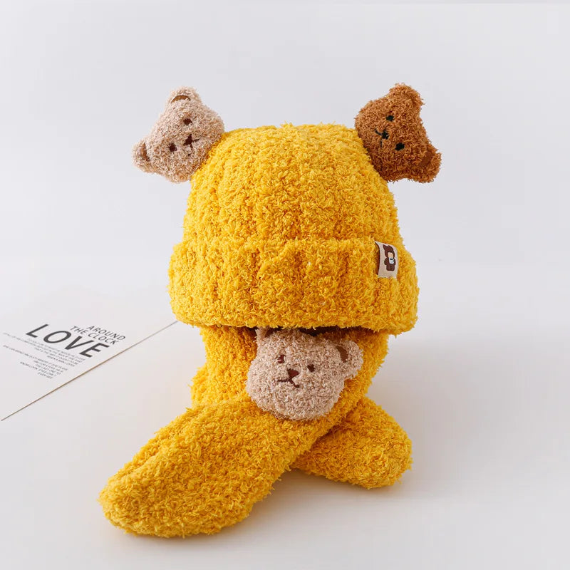 Winter Baby Plush Hat Scarf Set Cartoon Bear Beanies Warm Velvet Infant Neckerchief 6-24Month Kids Ear Protection Pullover Cap