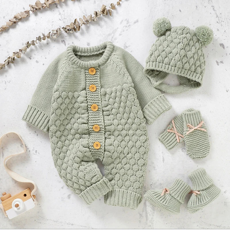 0-24M Newborn Baby Romper Shoes Gloves Set Knit Girl Boy Jumpsuit Boot Mitten Solid Toddler Infant Long Sleeve Knit Clothing