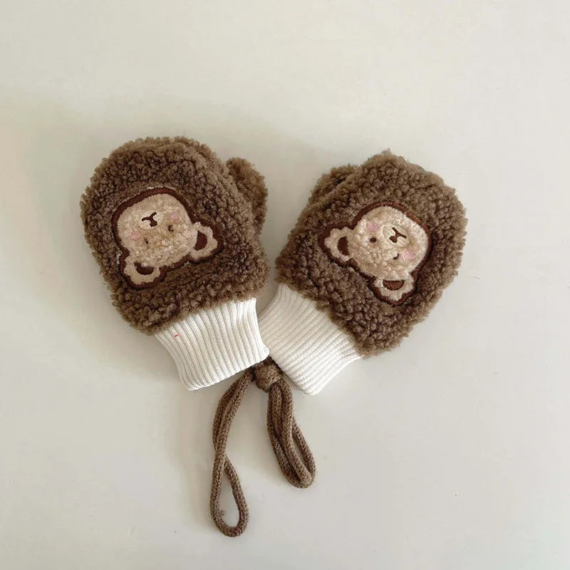Lamb Fleece Baby Plush Mittens Cute Bear Kids Hanging Neck Glove 1-4Year Boy Girl Children Winter Full Finger Gloves Hand Warmer