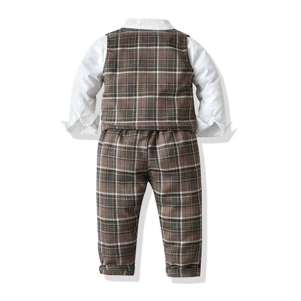 Korean Boy Autumn Plaid Vest+White Shirt+Trousers Suit Children Clothing Baby Boy 2-10 Years Old Suit Kids Boy Clothes 70-130cm