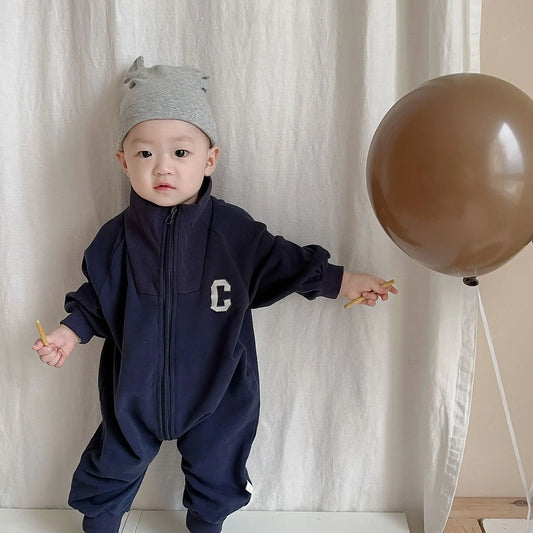 2025 Autumn New Baby Long Sleeve Romper Boy Girl Newborn Letter Print Lapel Jumpsuit Infant Cotton Casual Zipper Onesie 0-24M