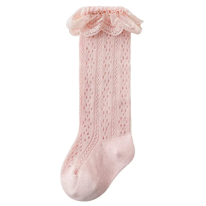 Baby Lace Princess Knee High Socks Kids Girls Boys Long Sock Cotton Mesh Breathable Children Hollow Out Socken for 0-3 Years Old