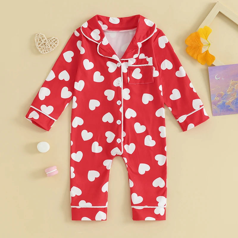 0-24M Baby Pajamas Jumpsuits Heart Print Lapel Button Up Long Sleeve Romper Boys Girls Sleepwear Newborn Infant Clothes Homewear