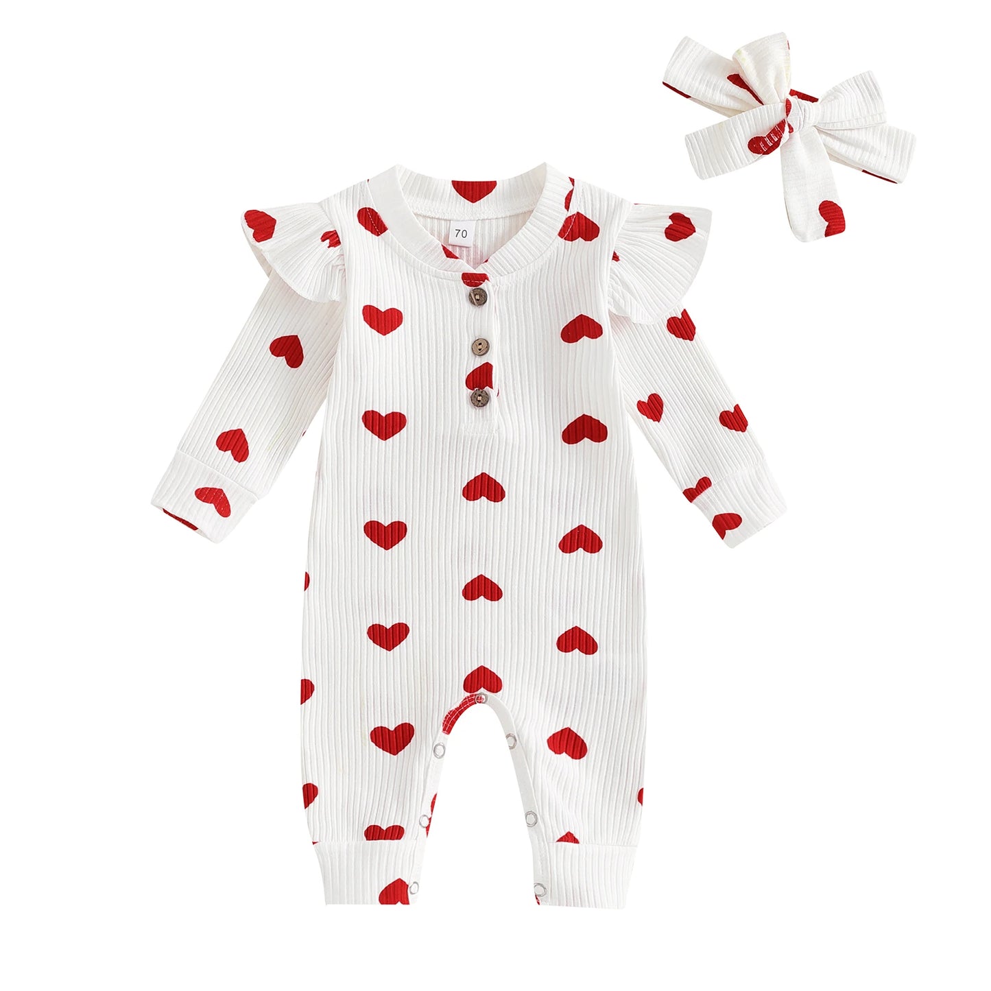 Toddler Girl´s Summer Outfit, Heart Printed pattern Long Fly Sleeves Crew Neck Romper And Bow Knot Headdress 0-18M