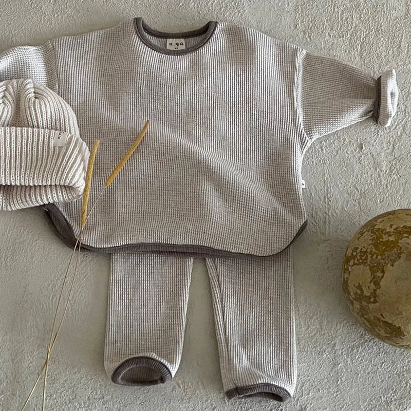 Autumn New Baby Long Sleeve Clothes Set Boys Girls Loose Waffle Tops + Pants 2pcs Suit Infant Toddler Casual Sweatshirt Outfits