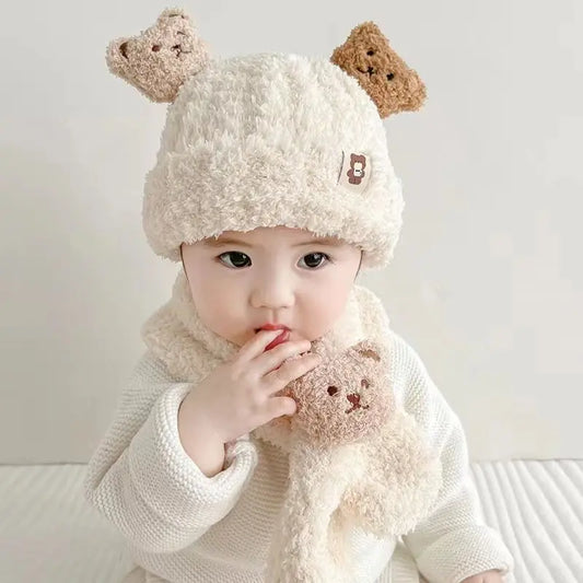 Winter Baby Plush Hat Scarf Set Cartoon Bear Beanies Warm Velvet Infant Neckerchief 6-24Month Kids Ear Protection Pullover Cap