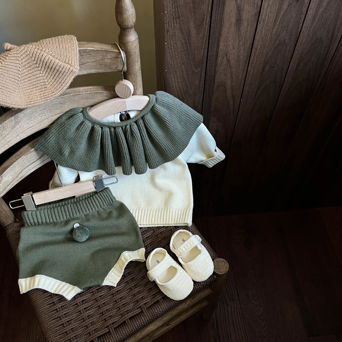 2024 Spring Outfits Children Knitsuit Fashion Girl Baby Knitted Lotus Collar Long Sleeve Tops+Shorts 2pcs Kid Casual Sweater Set