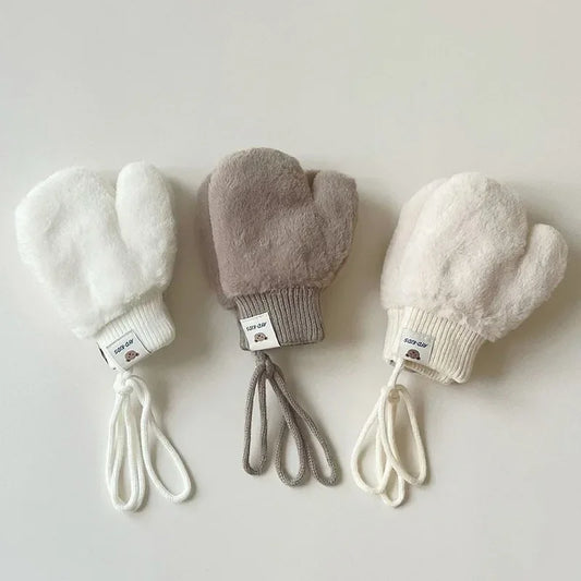 1-4Y Baby Cartoon Bear Label Mittens Winter Warm Kids Girls Gloves Soft Fur Children Toddler Thick Child Fleece Cartoon Mittens