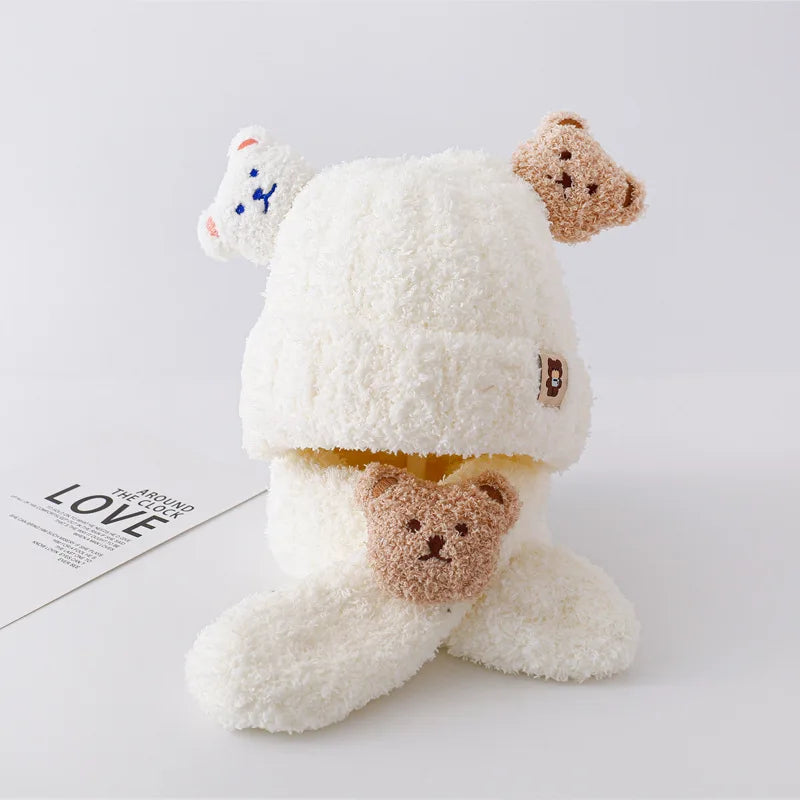 Winter Baby Plush Hat Scarf Set Cartoon Bear Beanies Warm Velvet Infant Neckerchief 6-24Month Kids Ear Protection Pullover Cap