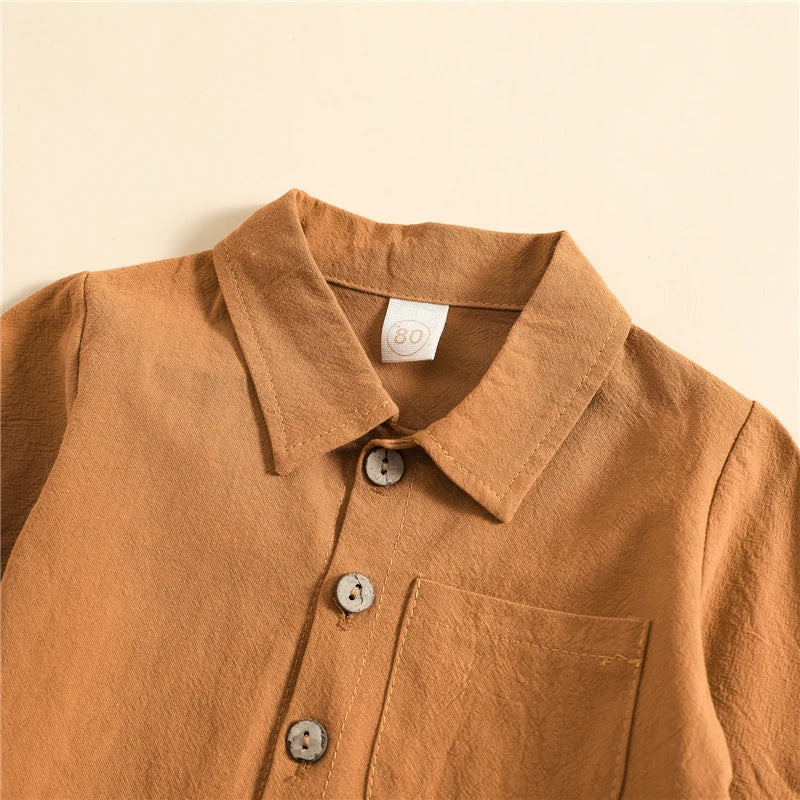 Kids Boys Autumn Clothes Set Solid Color Long Sleeve Button Up Shirt Tops and Elastic Casual Drawstring Pants Outfits