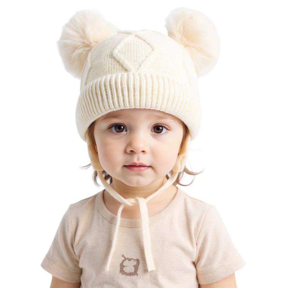 New Autumn Winter Double Ball Knitted Baby Hat for Girls Boys Baby Straps Bonnet with Earmuffs Outdoor Kids Ear Protection Hat