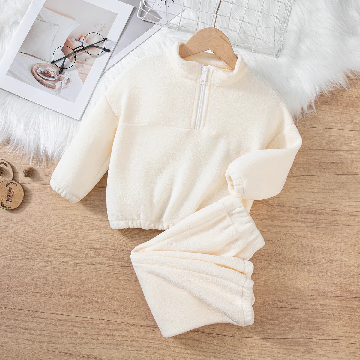 Girls Winter Casual Outfit Solid Color Fleece Thickened Hoodie Pants Clothes Set Half-Zip Children Sweater Sets