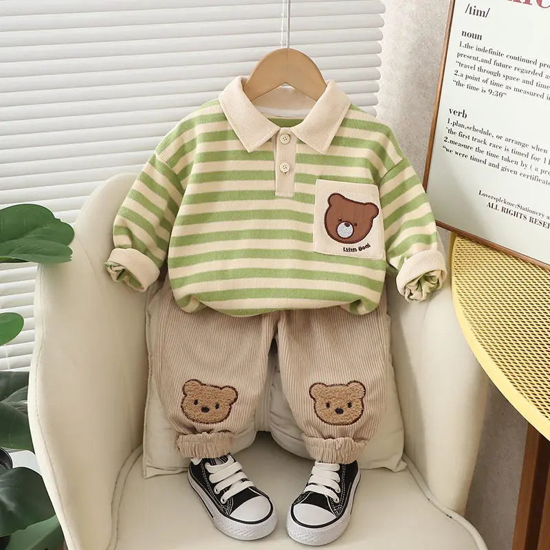 Spring Autumn Children Kids Boys Clothes Infant Strips Cartoon Bear T-shirt Pants 2Pcs/set Toddler Fashion Cloth Kids Tracksuits