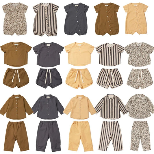 Summer Ks Children Clothes Suit Unisex Solid Stripe Top T Shirt Shorts Baby Cute Casual Romper Boys Girls Dinosaur Blouse Pants