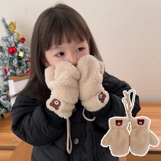 Cute Bear Baby Plush Gloves Thicken Lamb Wool Kids Hanging Neck Glove Cartoon Children Gloves 2-5Year Girl Boy Winter Hand Warm