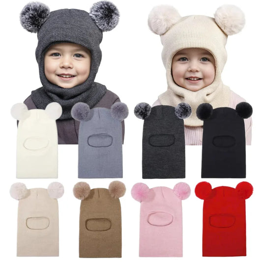 One-Piece Baby Hat Scarf for Boys Cute Pompom Kids Knitted Beanie Winter Infant Girls Cap Ears Neck Warm Protection Bonnet 1-5Y