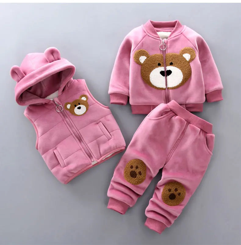 2023 Winter Baby Boy Clothes Sets Autumn Cotton Thick Warm Hooded Sweater Cartoon Cute Bear Three-Piece Baby Girl Suit 0-5Y