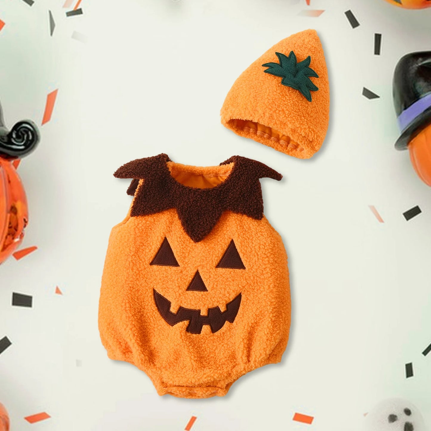 Newborn Baby Boy Girl Halloween Costume Pumpkin Ghost Face Embroidery Romper Hat Infant Halloween Pumpkin Photography Clothes