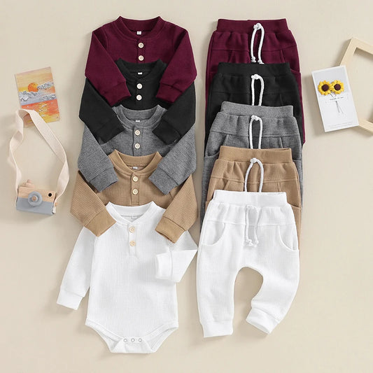 Pudcoco Infant Baby Girll Boy Waffle Jumpsuit Outfits Solid Color Long Sleeve Romper with Elastic Waist Pants 0-12M