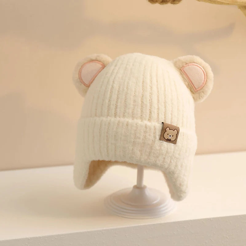 Cute Bear Baby Earmuffs Cap Winter Warm Kids Plush Pullover Hat 6-36Month Toddler Beanies Thicken Velvet Children Crochet Bonnet