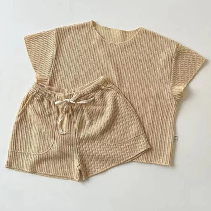 2024 Baby Pajamas Set Loungewear Sleepwear Kids Long Sleeve Boy Girl Breathable Cotton Waffer Top and Bottom Children's Clothes
