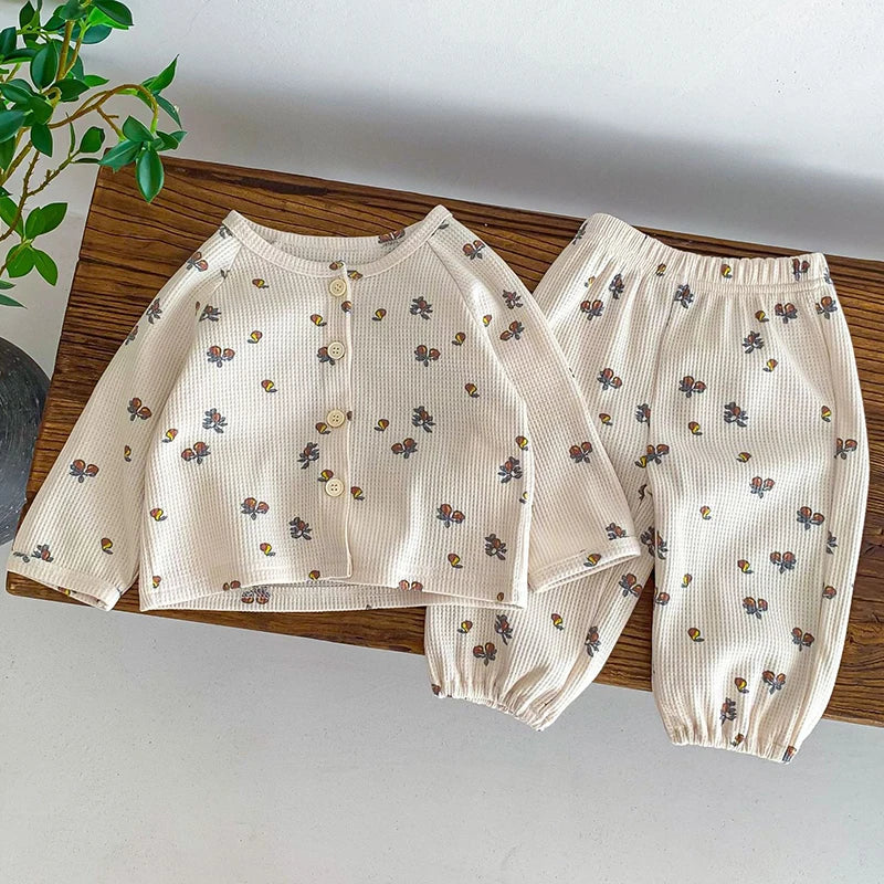 2024 Baby Pajamas Set Loungewear Sleepwear Kids Long Sleeve Boy Girl Breathable Cotton Waffer Top and Bottom Children's Clothes