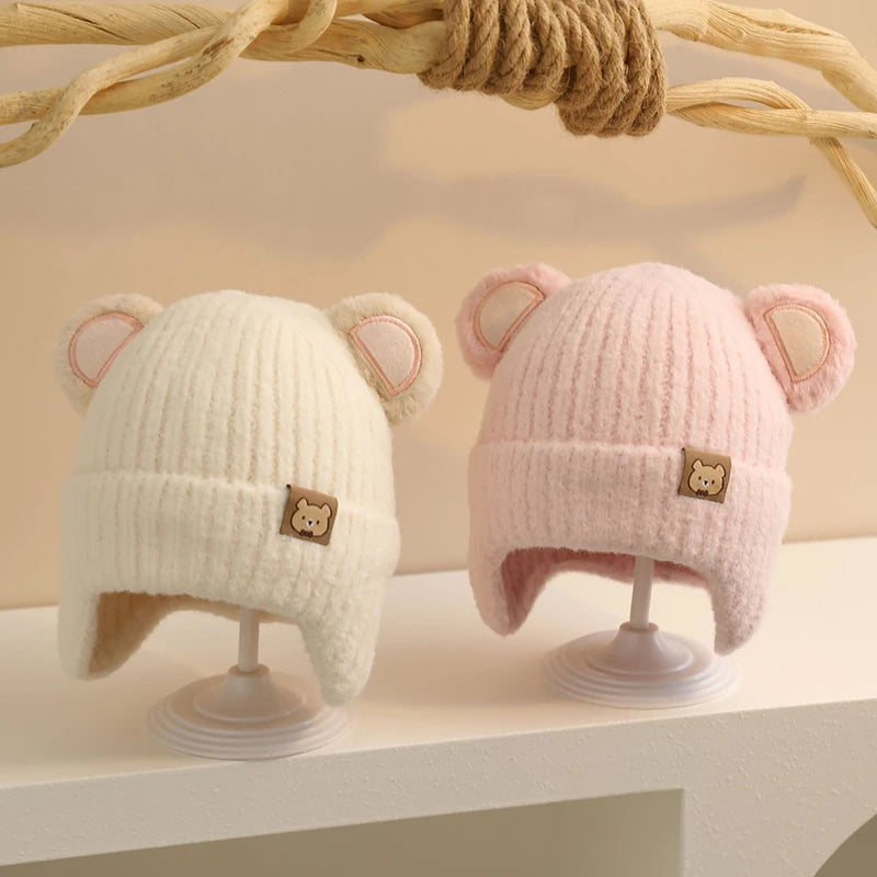 Cute Bear Baby Earmuffs Cap Winter Warm Kids Plush Pullover Hat 6-36Month Toddler Beanies Thicken Velvet Children Crochet Bonnet
