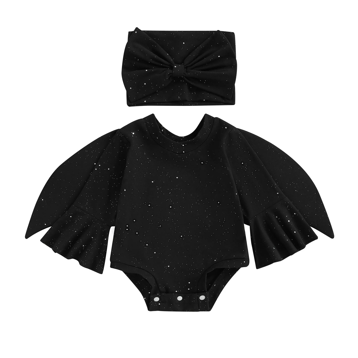 Toddler Baby Girl Bat Costumes Glitter Batwing Long Sleeve Romper with Bow Headband 2 Piece Halloween Outfit