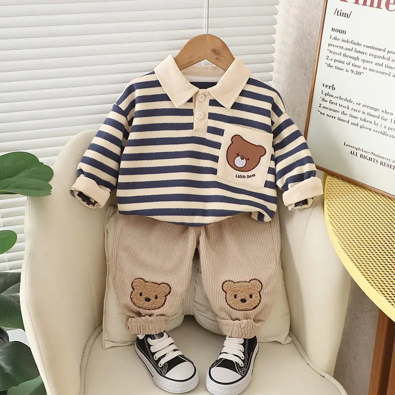 Spring Autumn Children Kids Boys Clothes Infant Strips Cartoon Bear T-shirt Pants 2Pcs/set Toddler Fashion Cloth Kids Tracksuits