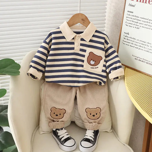 Spring Autumn Children Kids Boys Clothes Infant Strips Cartoon Bear T-shirt Pants 2Pcs/set Toddler Fashion Cloth Kids Tracksuits