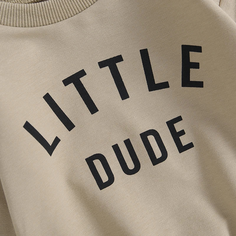 Baby Toddler Boys Fall Winter Outfits Little Dude Letter Printed Long Sleeve Sweatshirts Pants 2Pcs Clothes Set