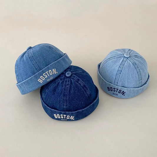 Korean Denim Melon Capfor Baby Hip Hop Letter Embroidered Brimless Hat Adjustable Kids Landlord Hats Retro Dome Docker Beanies