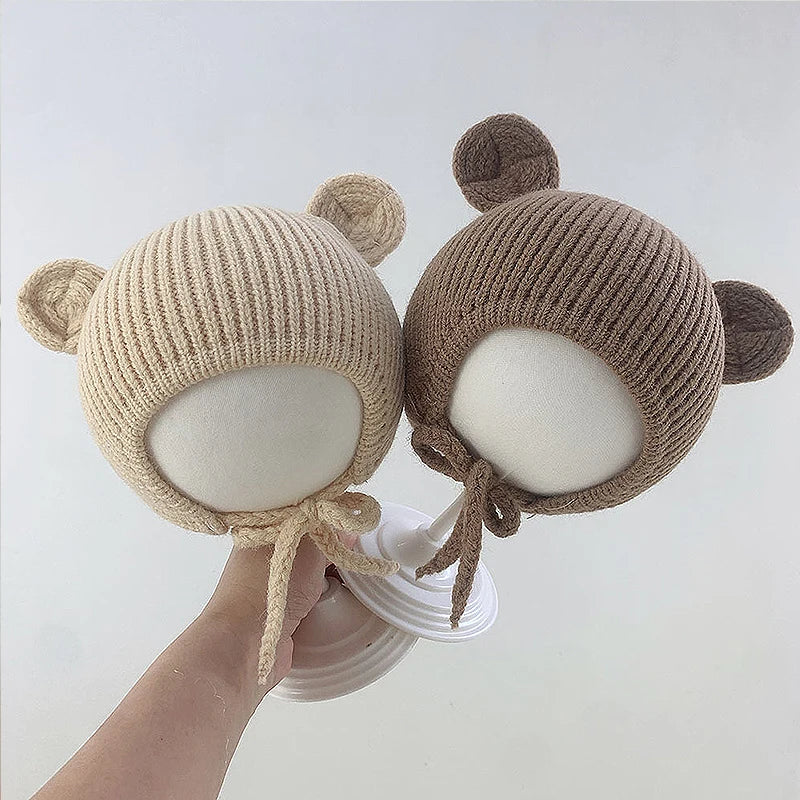 Bear Baby Ear Protection Woolen Cap Solid Color Toddler Beanie Children Knitted Hat 1-4 Years Boy Girl Kids Winter Warm Headgear
