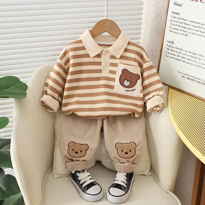 Spring Autumn Children Kids Boys Clothes Infant Strips Cartoon Bear T-shirt Pants 2Pcs/set Toddler Fashion Cloth Kids Tracksuits
