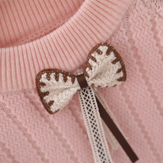 Girls Bow Knit Sweater Set Autumn Winter New - Fluffy Princess Outfit Thickened Knitted Clothing 2-8Y Kids