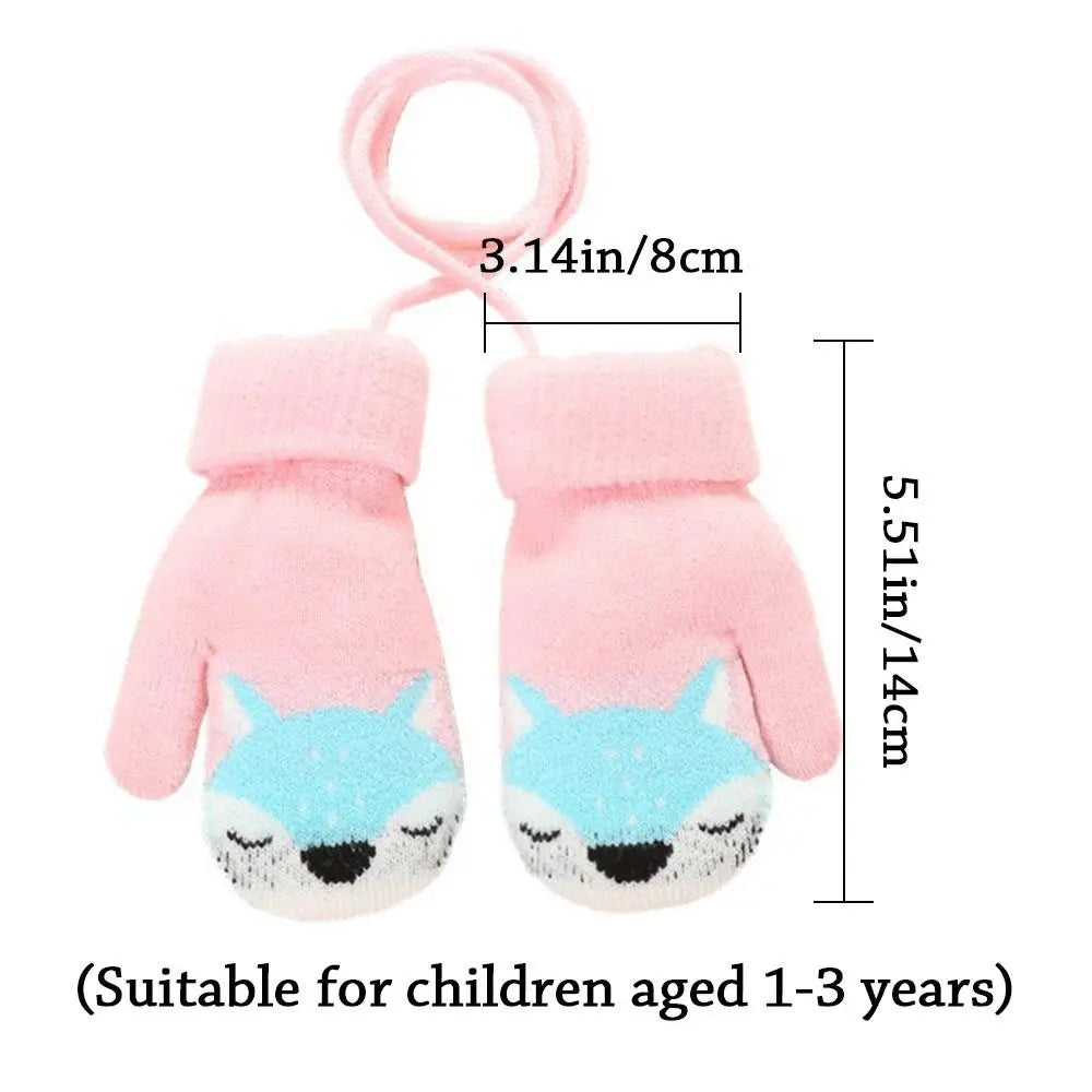 Baby Boys Girls Plush Hanging Neck Knitted Mittens Cute Thick Warm Kids Gloves For 1-3 Years Old